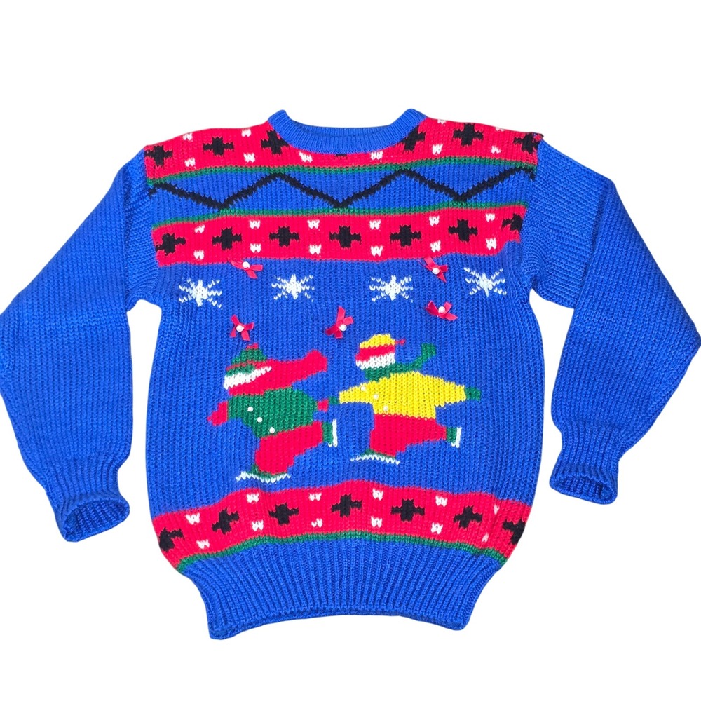 Adell Barre Blue Knit Ugly‎ Christmas Sweater Ice Skaters Snowflakes Women's M